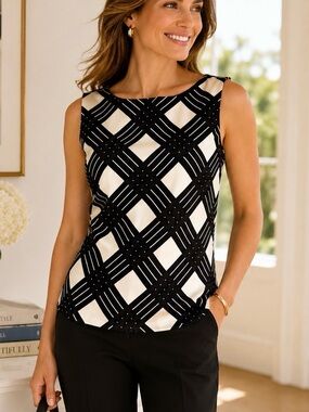 NWT Talbots Black & Ivory Sleeveless Silk Blouse with Crosshatch Geo Print Sz 8